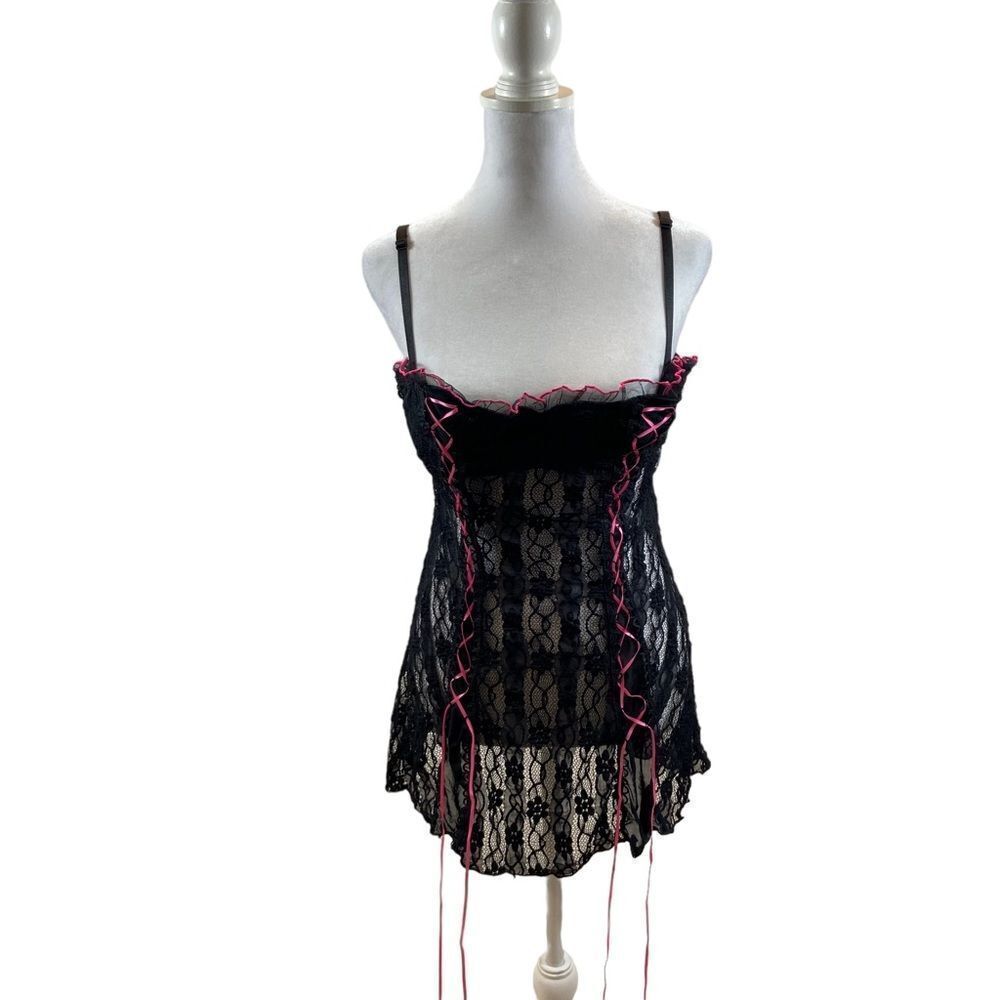 Lover’s Lane Black Lace and Pink Ribbon Lace Up Teddy Lingerie‎ Size Large
